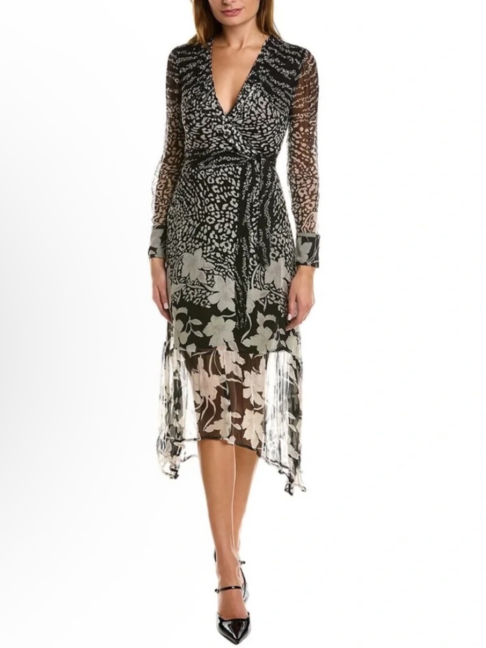 AllSaints Black and Ivory Floral Sheer Wrap Midi Dress